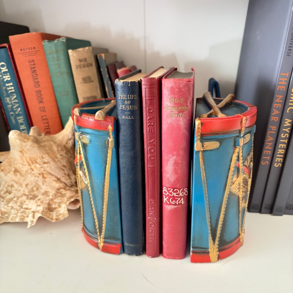 Vintage Lego Japan Patriotic Military Drum bookends Mid Century Americana Decor
